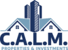CALM Logo - Navy blue and Williamsburg blue sans-serif type with house icon above