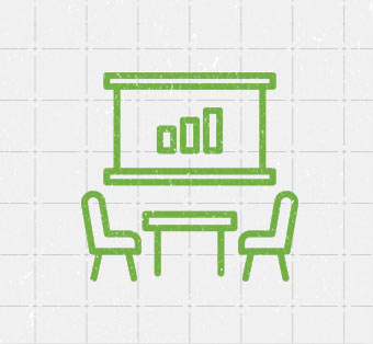Table and chairs with presentation screen icon in green over textured gray grid background