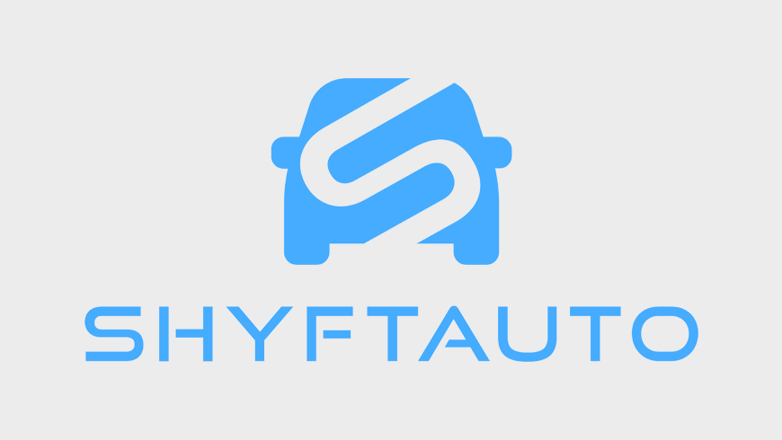 Shyft Auto Logo - Cyan sans-serif type with car icon above over light gray background