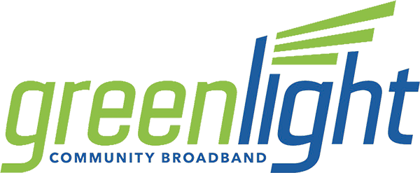 Green Light Logo - Green and blue sans-serif type with green light beams coming from letter L
