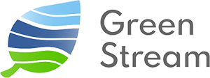 Green Stream Technologies Inc Logo - Gray sans-serif type with Light blue, dark blue, and green striped leaf icon to left