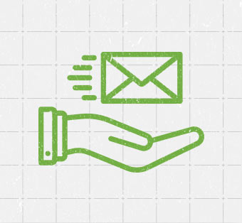 Hand and envelope icon in green over textured gray grid background