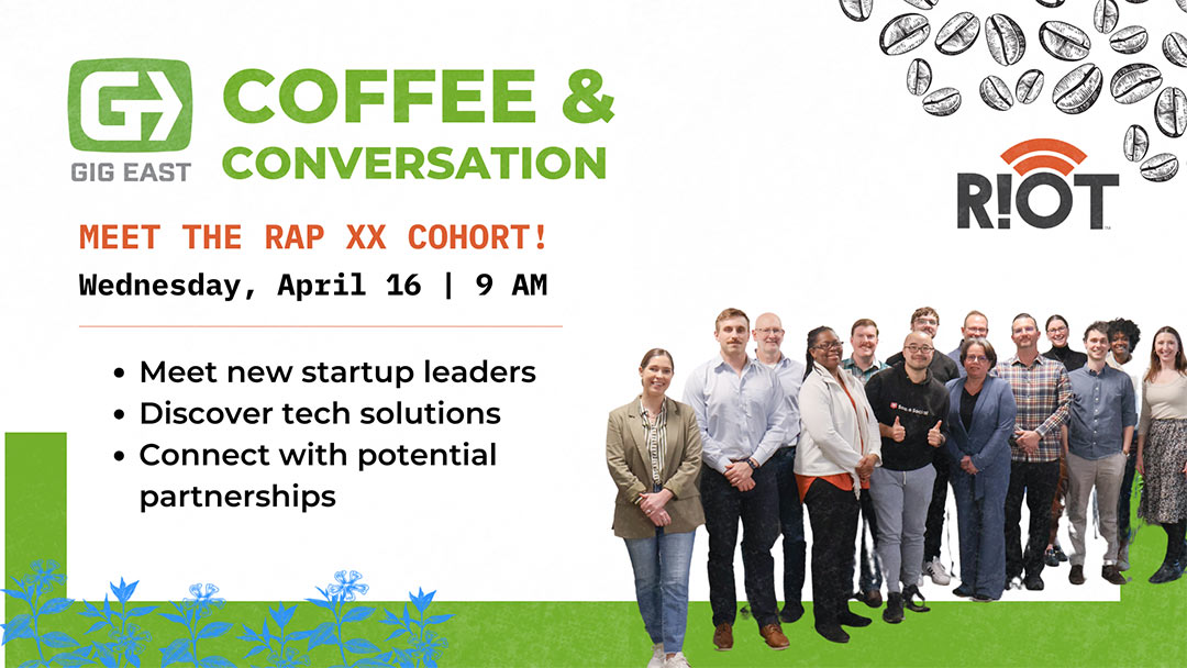 Graphic showing green, orange, and black sans-serif type with photo of people, coffee beans, and Gig East and RIot logos