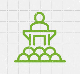 Person doing a presentation icon in green over textured gray grid background