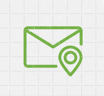 Envelope with map pin icon in green over textured gray grid background