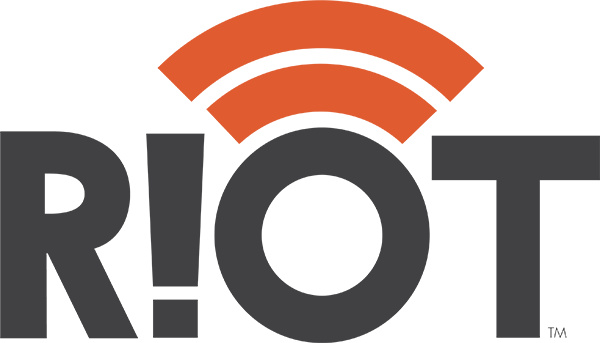 RIoT Logo - Dark gray sans-serif type with red sound waves above letter O