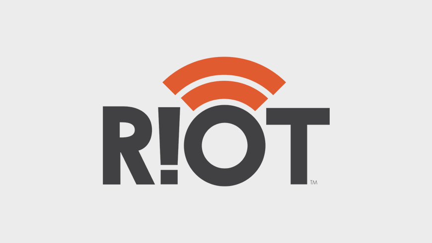 RIoT Logo - Dark gray sans-serif type with red sound waves above letter O over light gray background