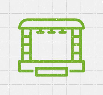 Stage icon in green over textured gray grid background