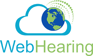 WebHearing Logo - Blue and green sans-serif type with globe and cloud icon above
