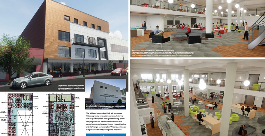 Photo collage of Wilson Innovation Hub renderings and plans