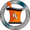 Wilson Value Drug Store Logo - White serif type inside gray gradient circle with illustrated RX bottle in center