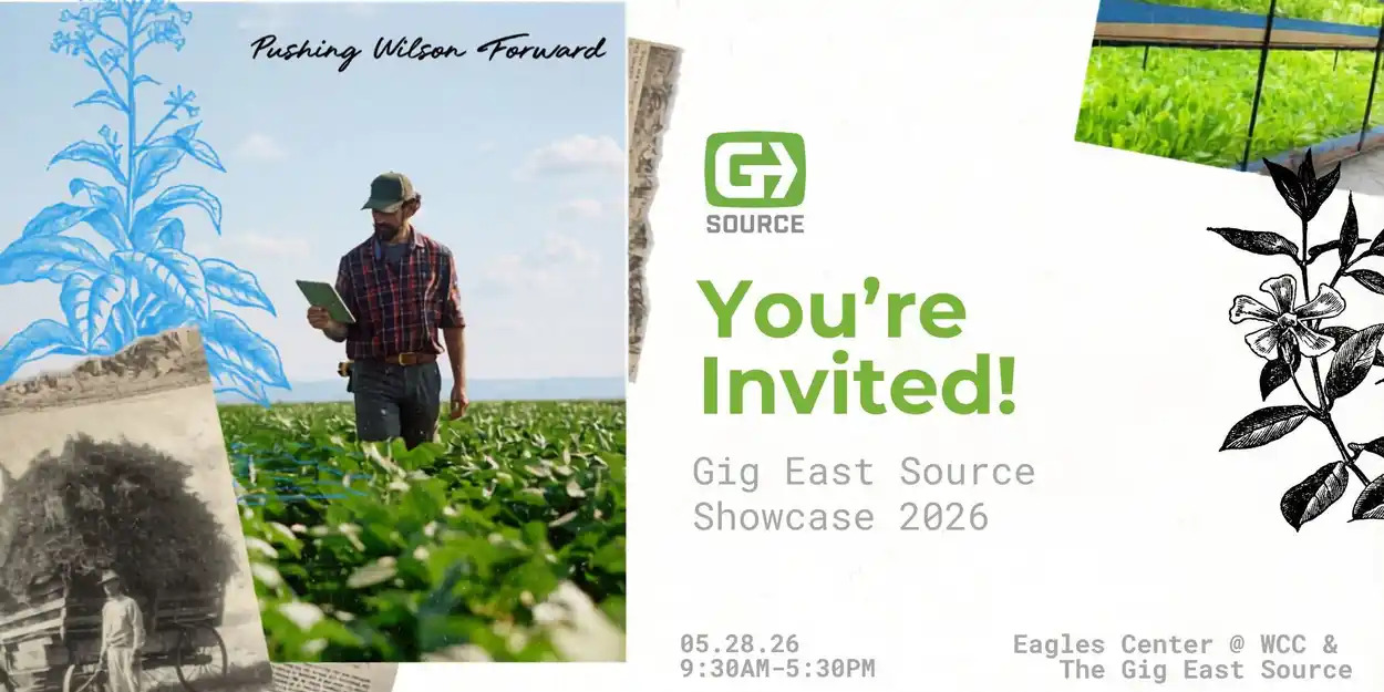 Photo of man in red shirt and hat in a field with plants. Text on the right side say "You're Invited!" Gig East Source Showcase 2026